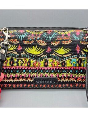 Sakroots Crossbody Zip Wallet Purse Coated Canvas Peace Sign Colorful Design